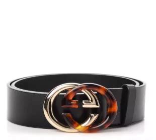 gucci calfskin tortoise gold interlocking g belt 85 34 black|Interlocking G belt in black leather .